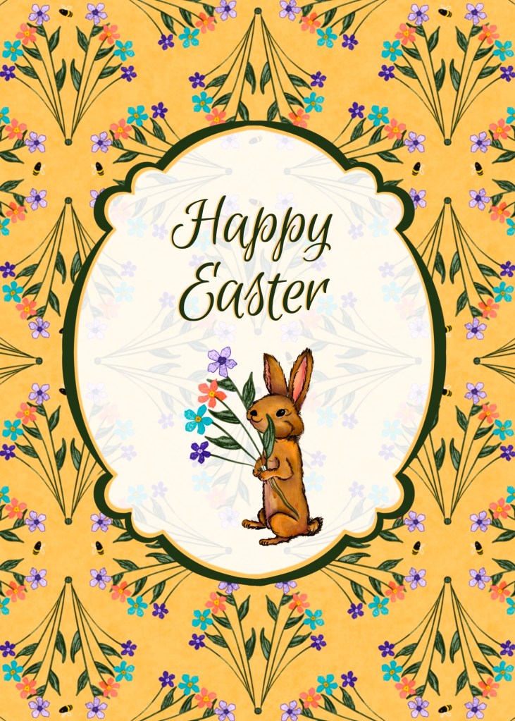 greeting card for Easter with flowers, rabbit