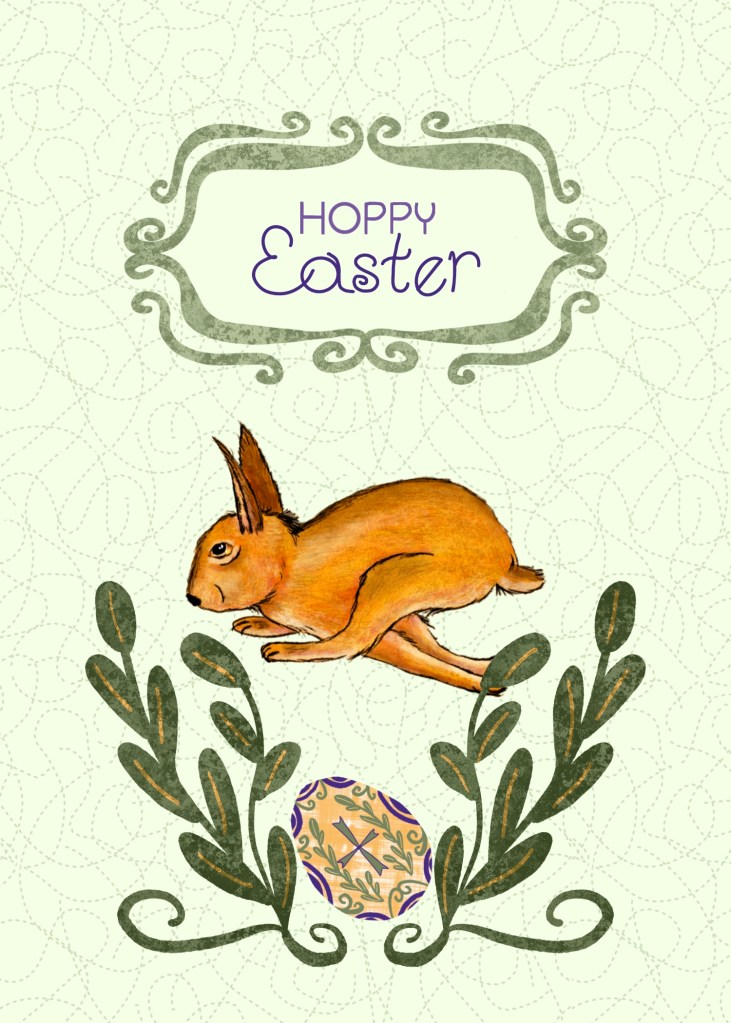 greeting card for Easter with rabbit jumping over egg
