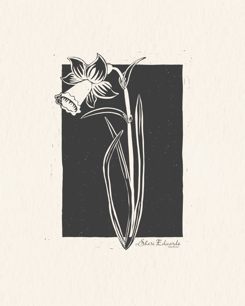 black/white daffodil linocut by Sheri42