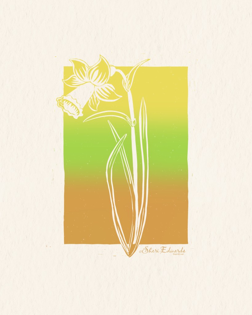 spring colors linocut of daffodil by Sheri42