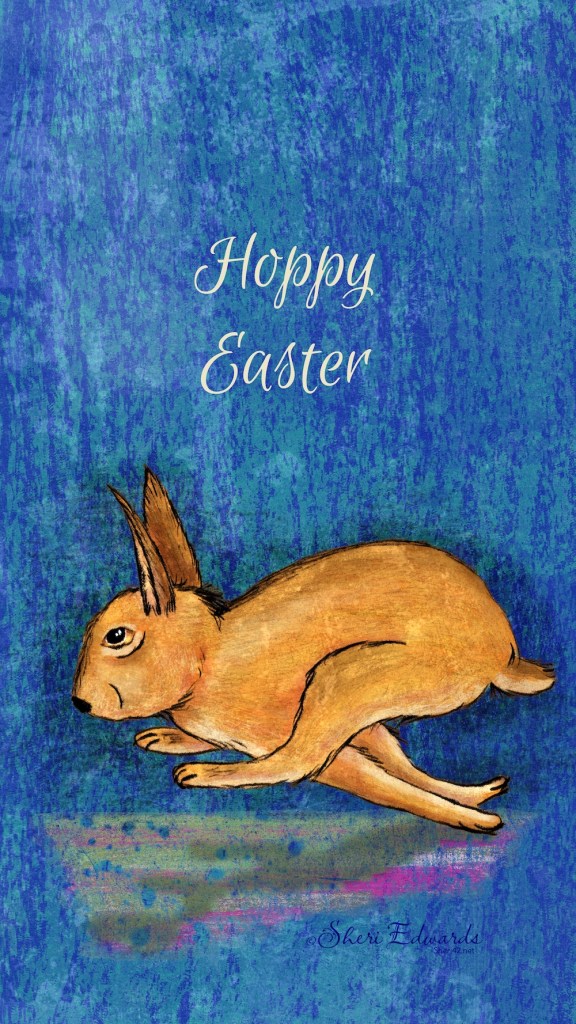running rabbit illustration by Sheri42 - with background and "Hoppy Easter"