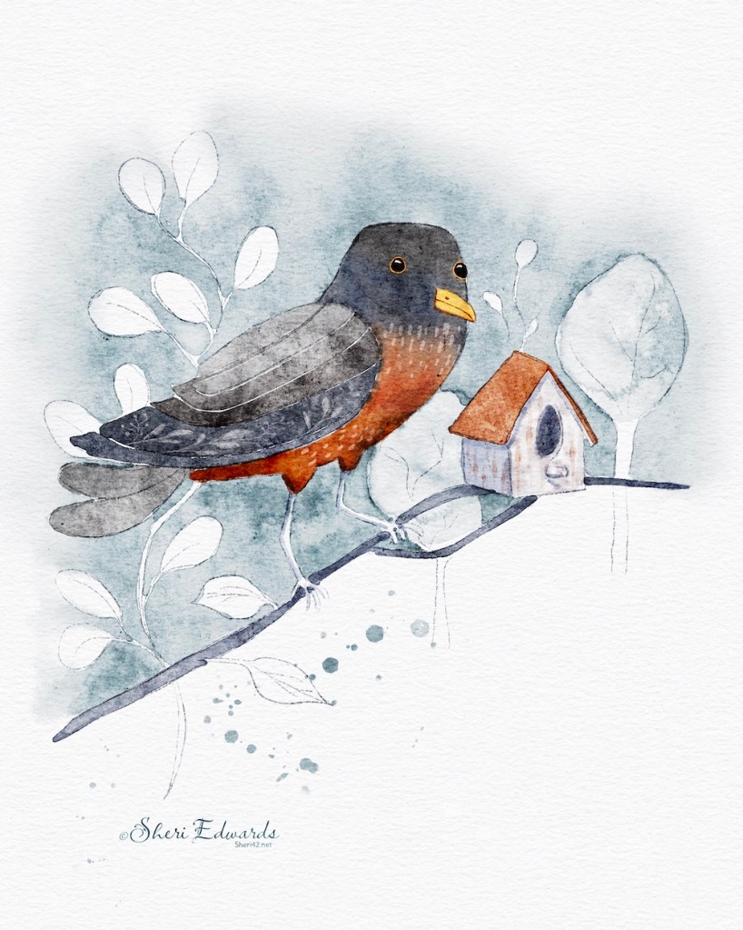 abstract / watercolor illustration of robin with small birdhouse by Sheri42