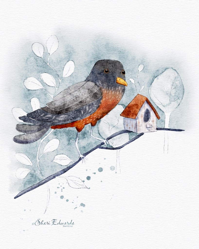 abstract / watercolor illustration of robin with small birdhouse by Sheri42