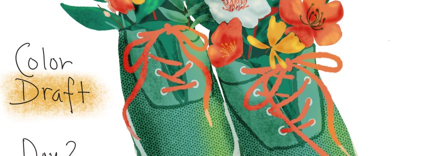 color version of Sketch with flowers in a pair of shoes; a pattern of just flowers, and a pattern of a seeds in shape of stars