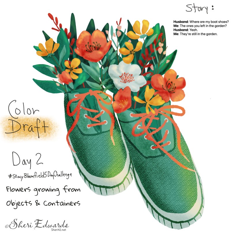 color version of Sketch with flowers in a pair of shoes; a pattern of just flowers, and a pattern of a seeds in shape of stars