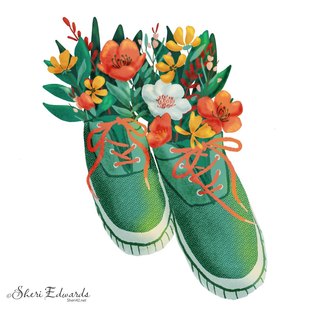 an illustration of flowers growing in shoes by Sheri42