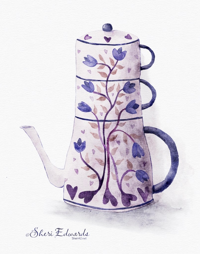a cream colored teapot and cups stacked together with blue flowers on vines climbing together in each part; watercolor illustration by Sheri42