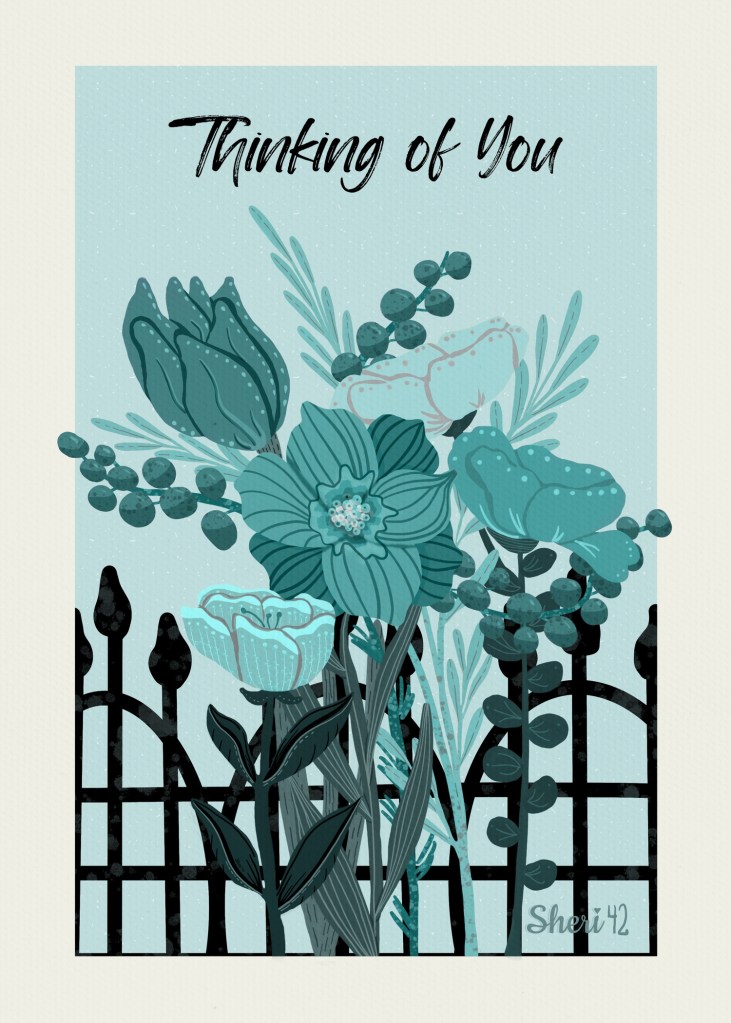 gouache floral garden "thinking of you" greeting card in teal on blue colors