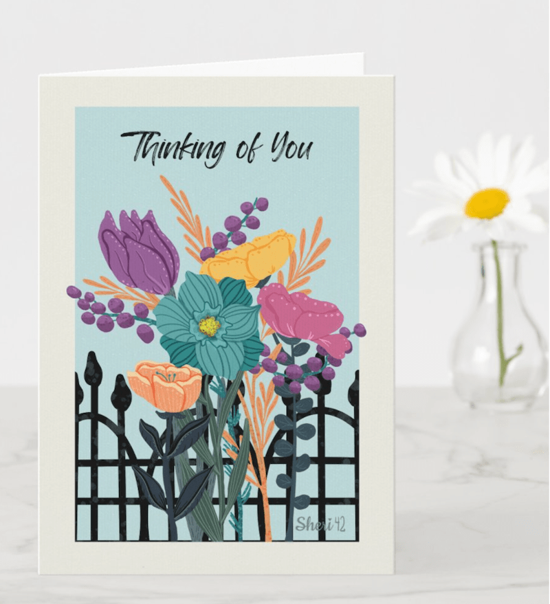 gouache floral garden greeting card "Thinking of You" on Zazzle