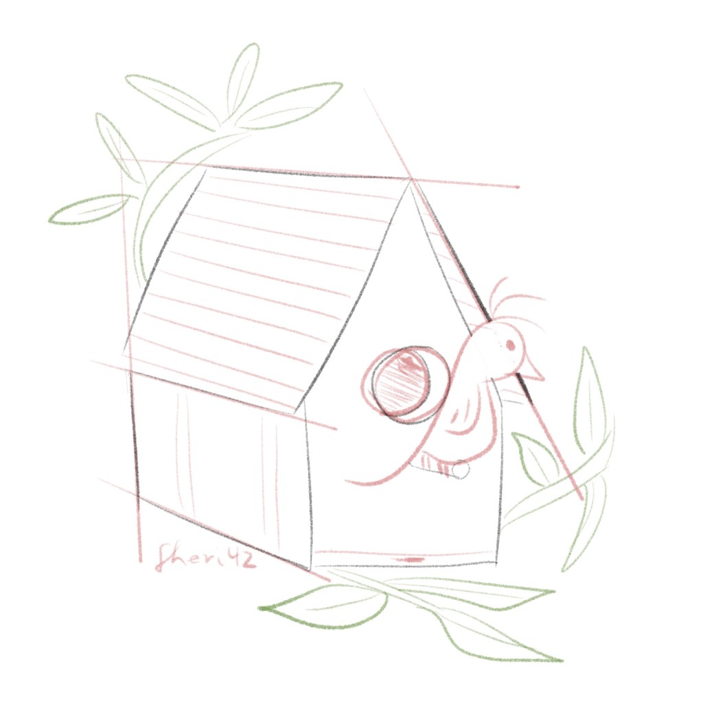sketch of bird on birdhous