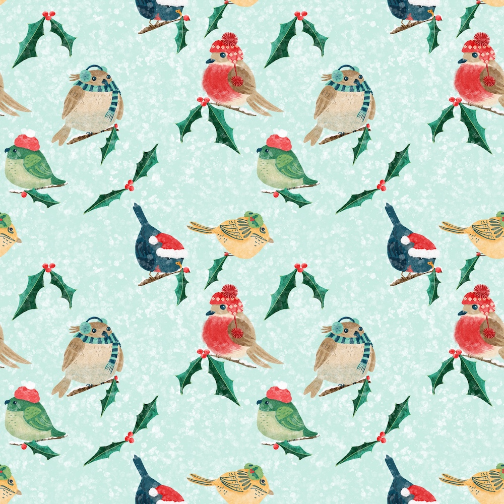 5 different birds in cozy hats, ear muffs, and scarves with holly on a wintery day with snow falling around them