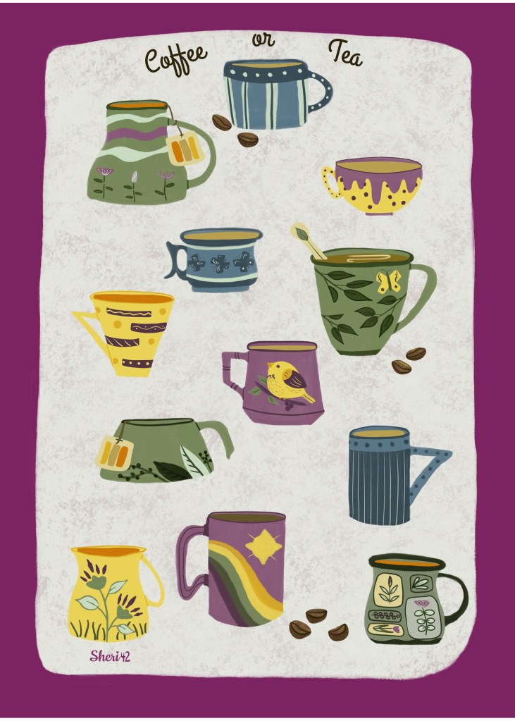 variety of purple, blue, yellow, green mugs, each with their own designs with coffee and tea ready to go with texture added to background