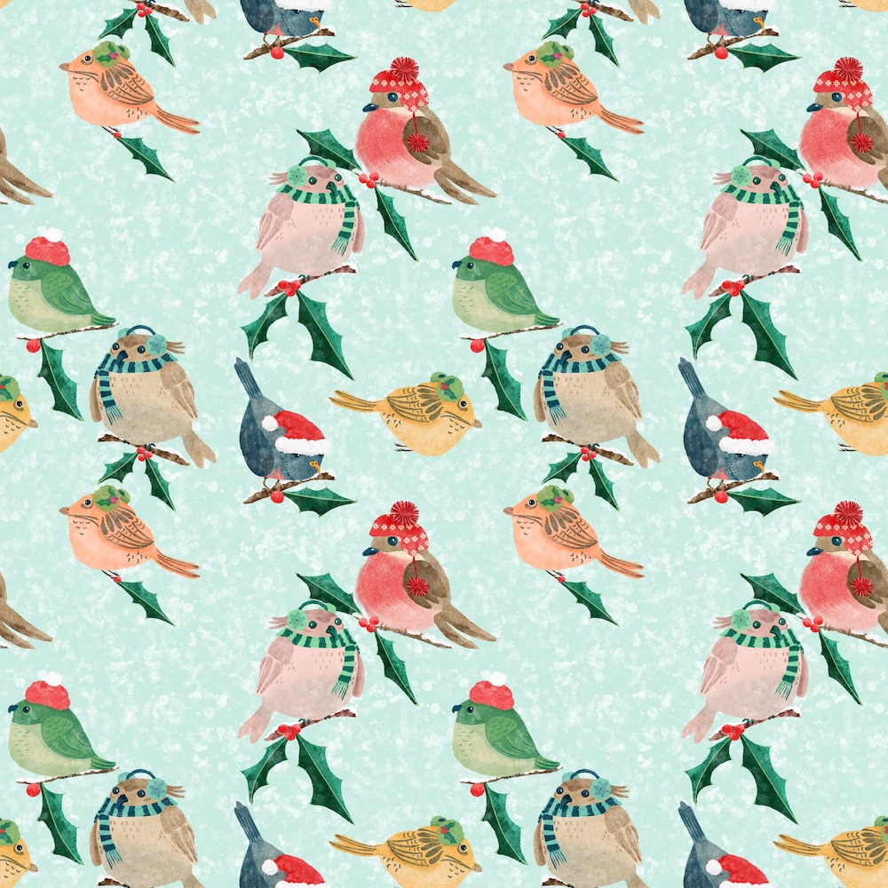 a pattern of cozy Christmas birds sitting on holly branches wearing ear mufflers, knitted hats, and scarves in a snow storm by Sheri42
