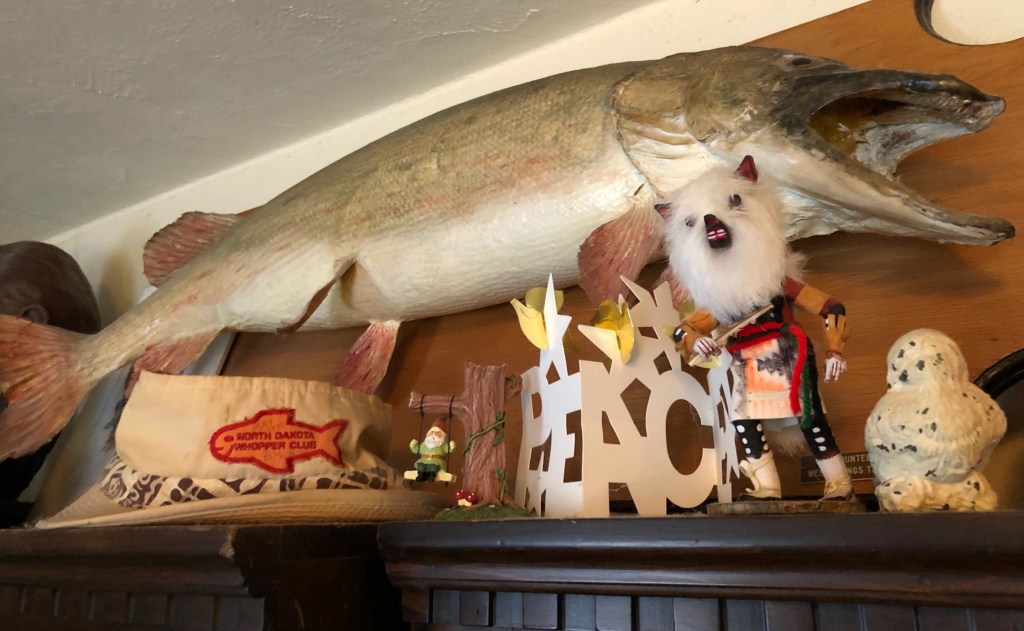 my Dad's trophy whopper northern pike and fishing hat on top of our bookcases