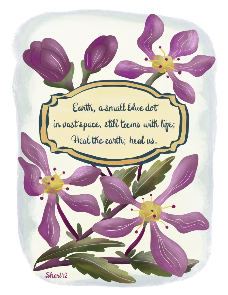crab apple blossoms with a haiku for Earth Day 2024 illustrated in digital gouache by Sheri42