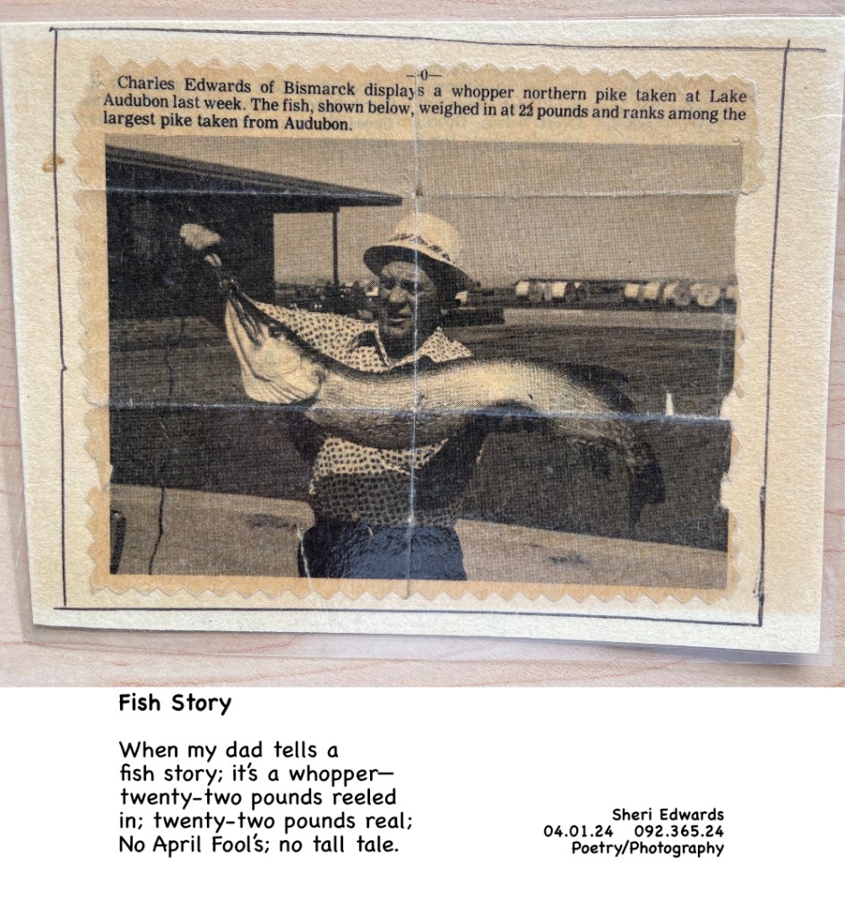 newspaper clipping of my dad Charles Edwards holding his whopper northern pike; 22 pounds with poem