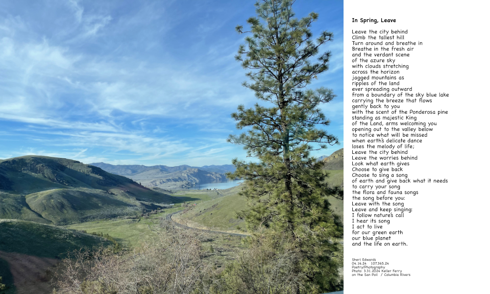 view of Keller Ferry on the San Poil / Columbia Rivers from State Route 21 in Washington State on March 31, 2024 and the poem