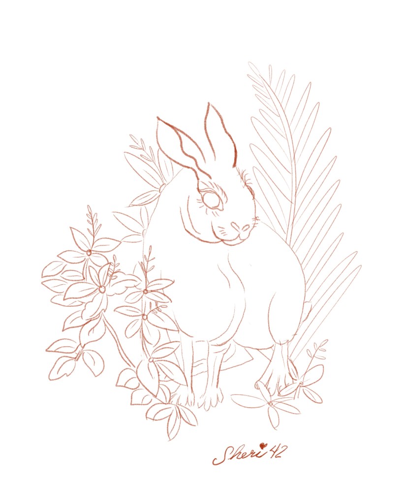 sketch of rabbit hiding in leaves by Sheri42
