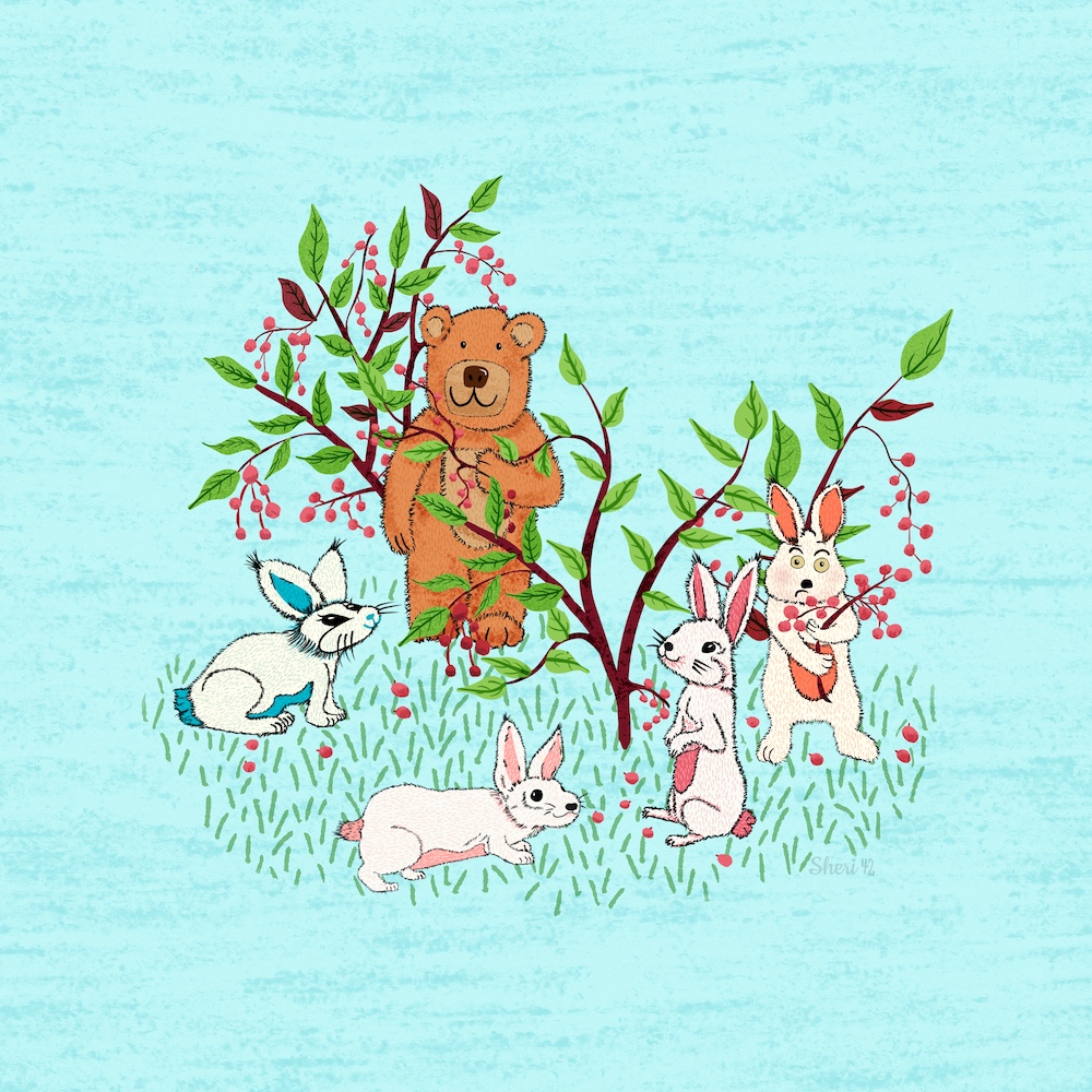 Bunnies, Bears, and Berries hero illustration by Sheri42