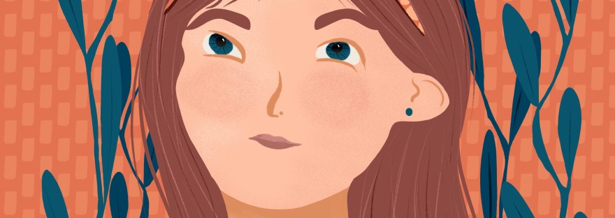 ribbon, denim jacket, long hair portrait illustration for #portraitparty