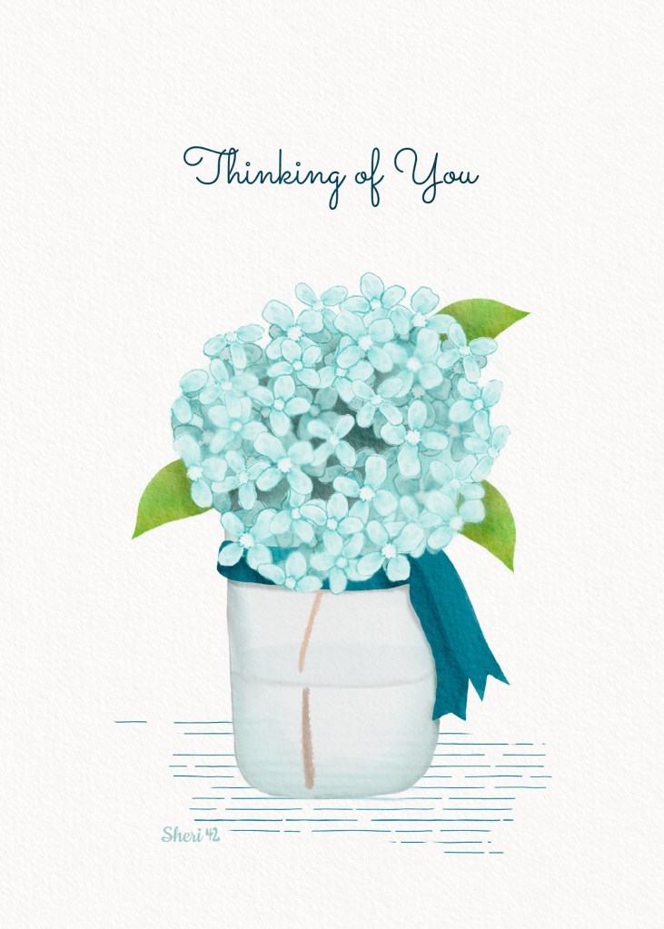Hydrangea in glass jar with teal ribbon illustration by Sheri42