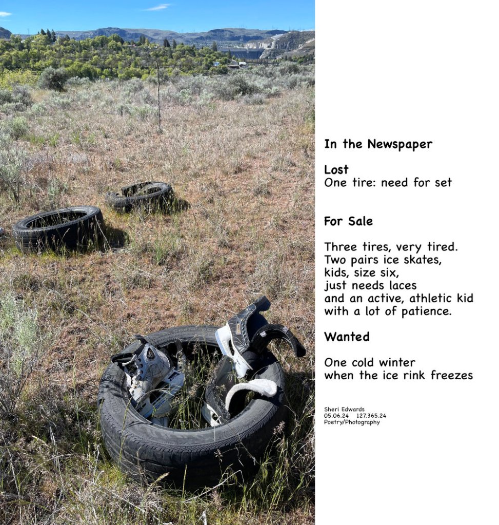 three discarded tires; two pairs of kids ice skates
