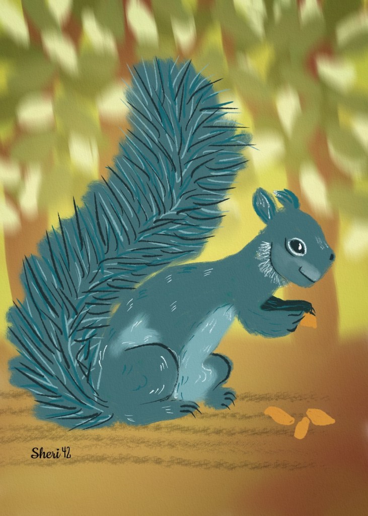 Squirrel digital gouache Sheri42 with background of forest