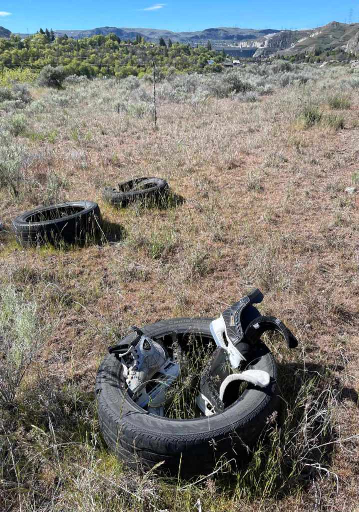 three discarded tires; two pairs of kids ice skates