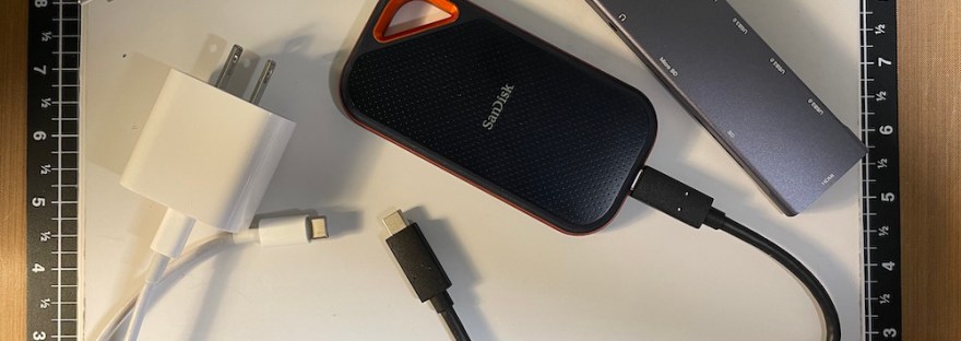 backup solution: hard drive, hub, charger, iPad