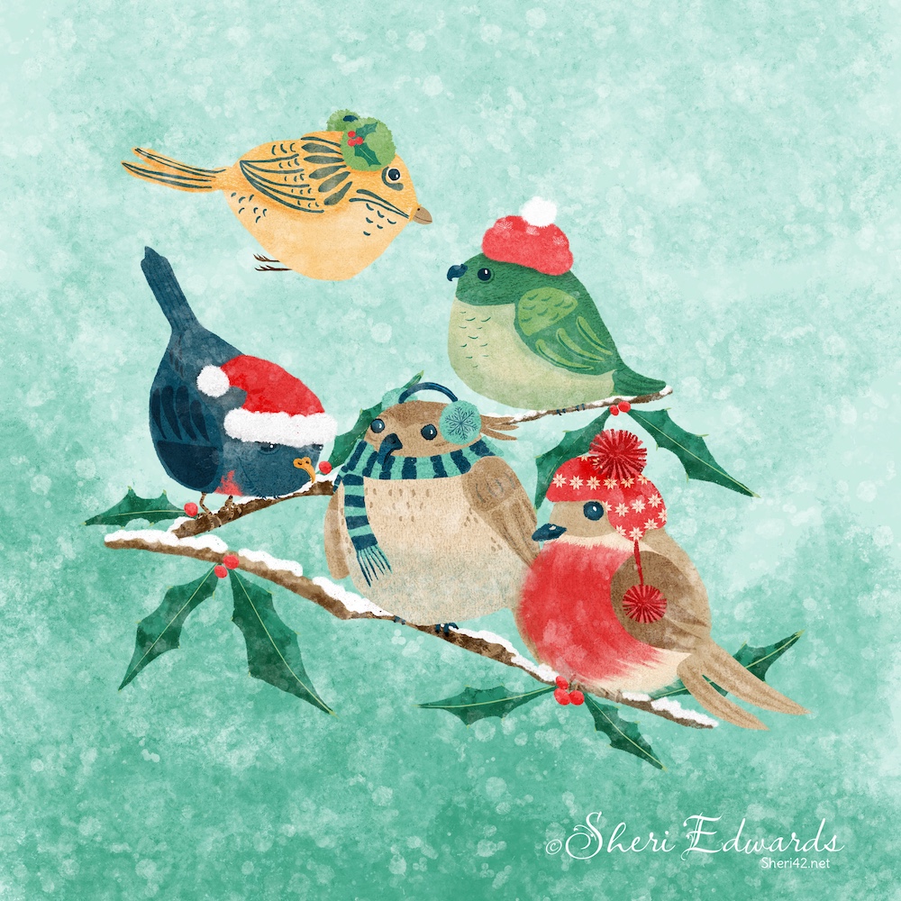 cozy holiday birds in caps and scarves