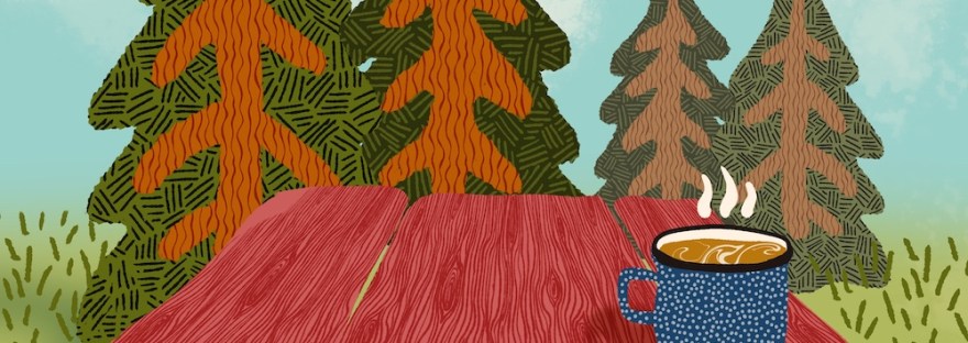 enamel mug on picnic table in front of trees by Sheri42