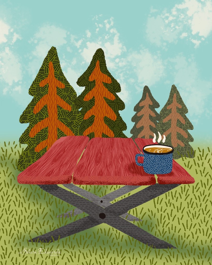 enamel mug on picnic table in front of trees by Sheri42