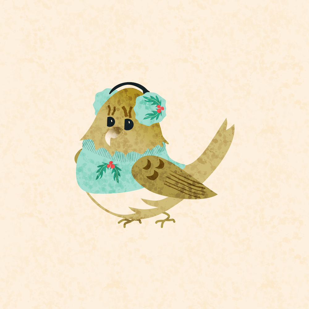 cozy gold bird in teal sweater and ear muffs by Sheri42