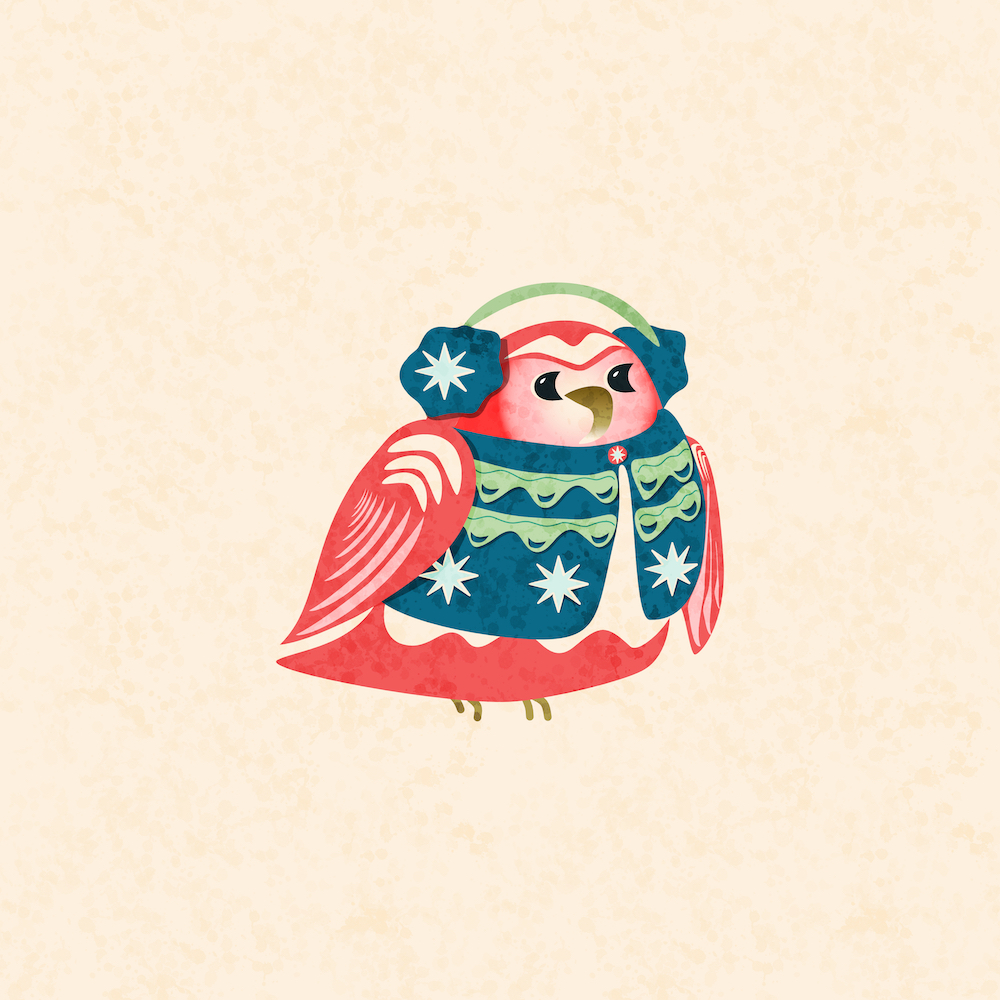 cozy red bird in navy vest and ear muffs with starry shapes. Affinity Designer. by Sheri42