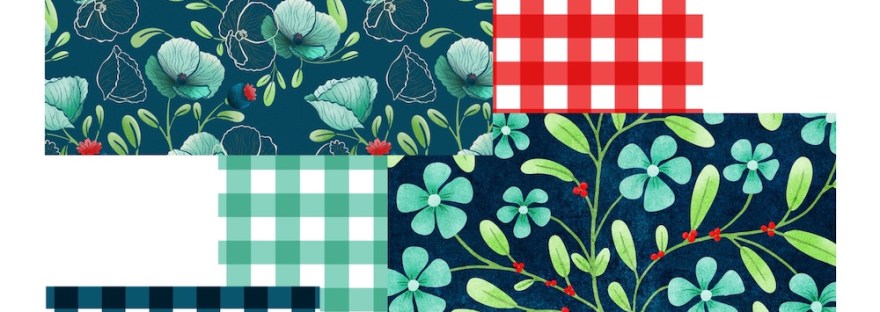 tear sheet of evergreen florals and gingham by Sheri42