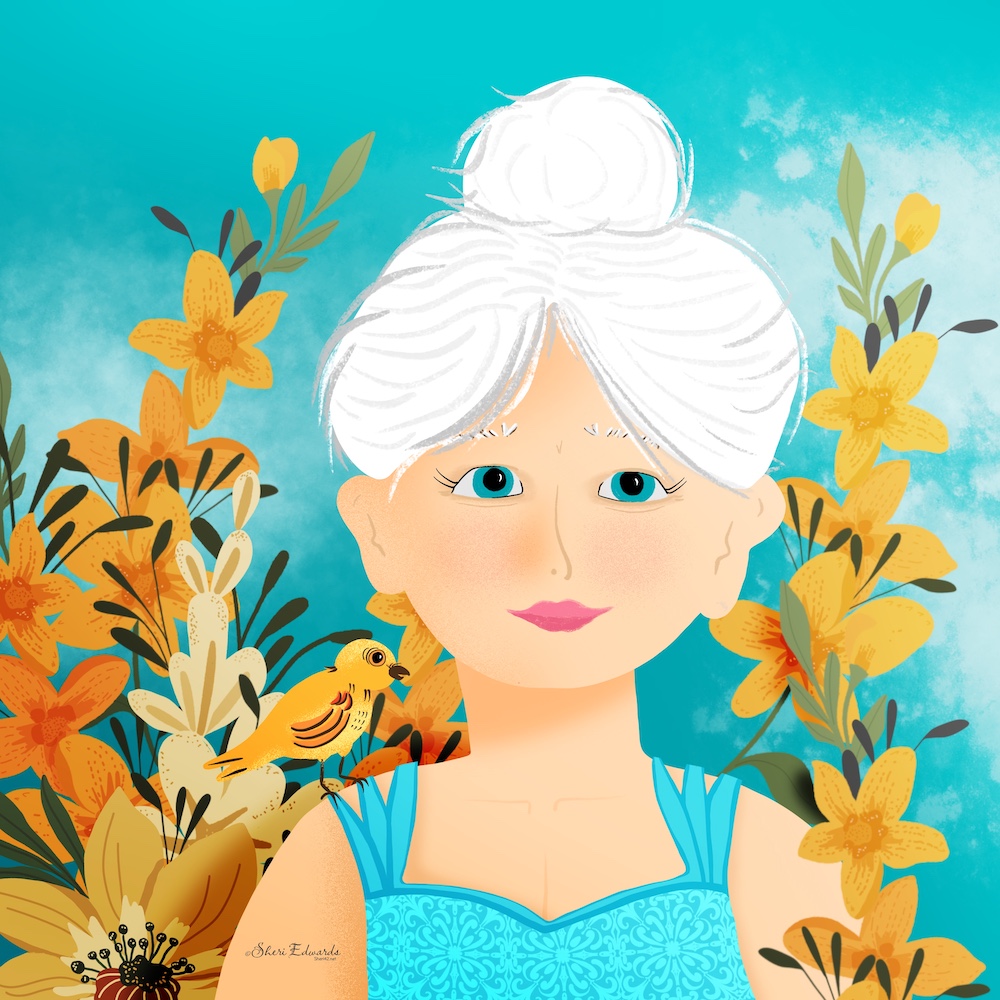 white hair, botanical, animal is the prompt: garden and yellow bird tended by woman in white hair by Sheri42