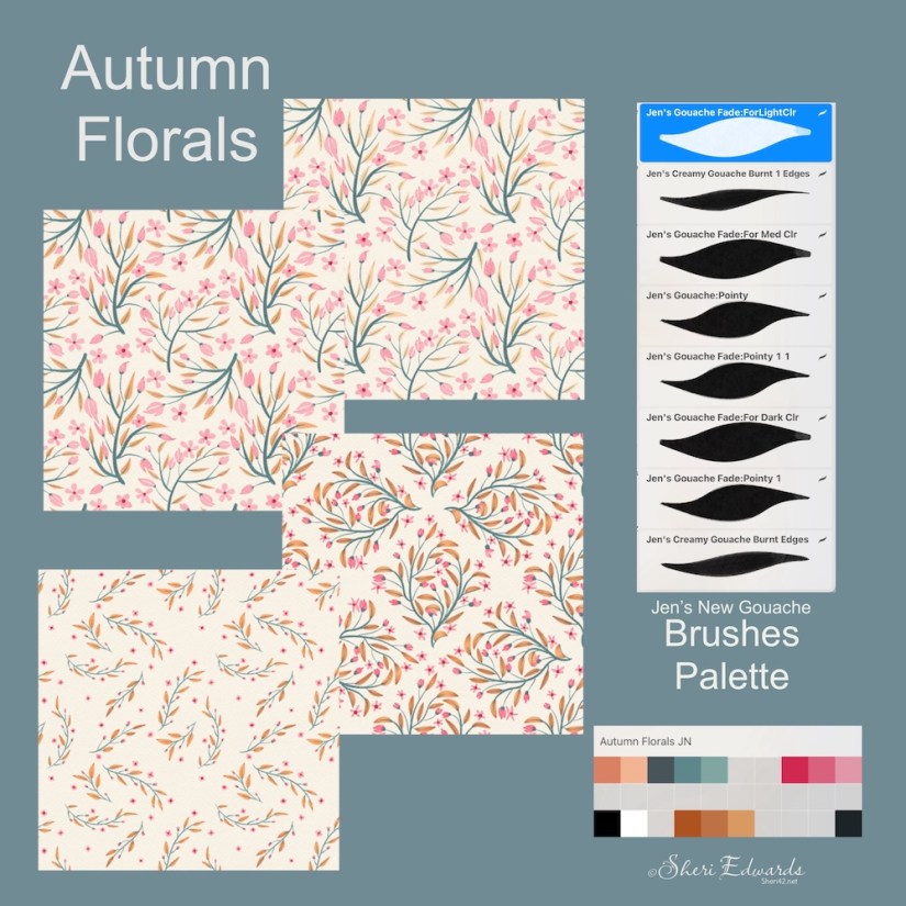 peach leaves, teal stems, rose florals in scatter floral pattern by Sheri42 with info on brushes and palette
