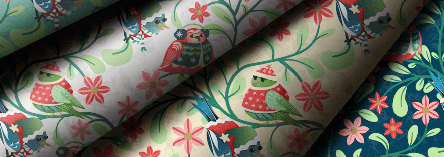 Evergreen Cozy Winter Birds in four versions; a mockup and illustrations by Sheri42