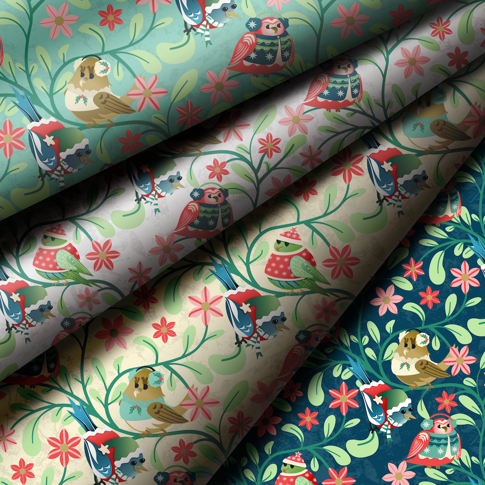 Evergreen Cozy Winter Birds in four versions; a mockup and illustrations by Sheri42