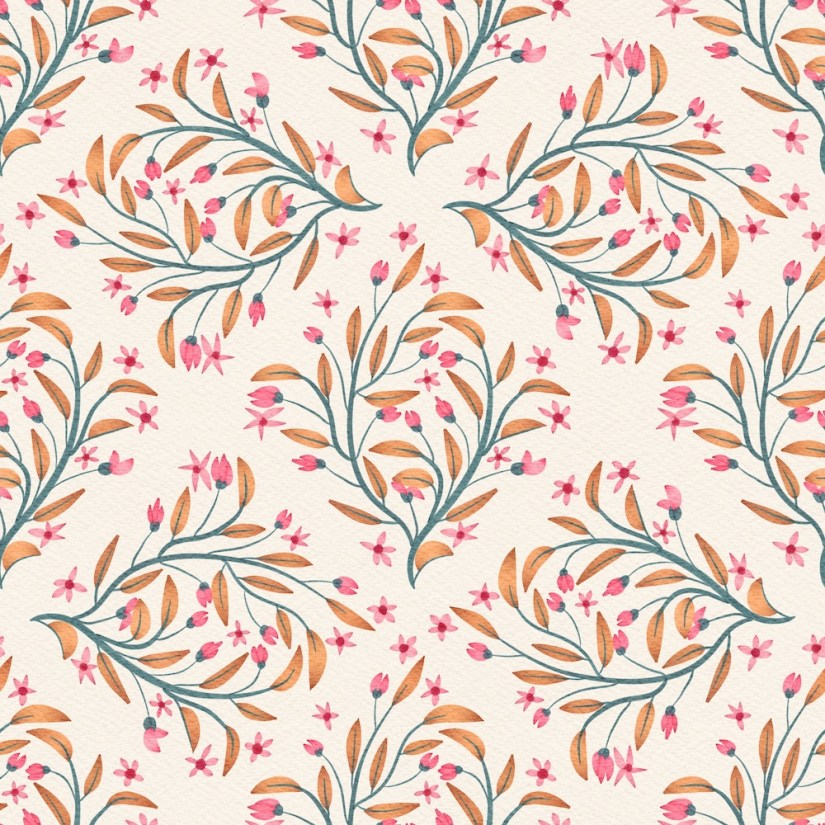 peach leaves, teal stems, rose florals in diamond floral pattern with eye space by Sheri42