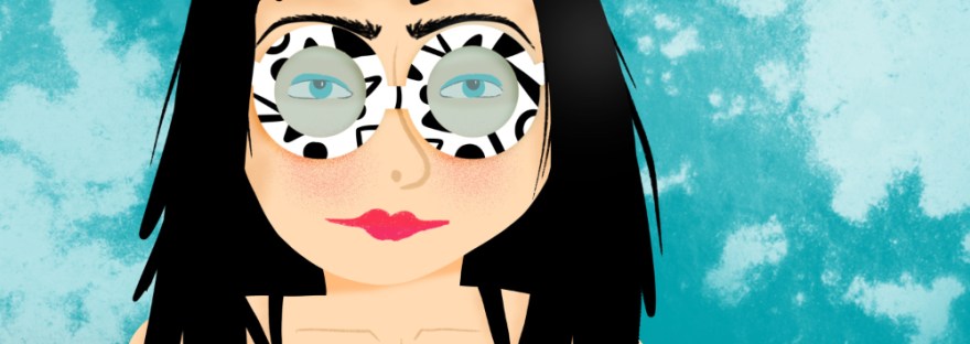 Prompt: Abstract [pattern on glasses and dress], long hair, reptile by Sheri42