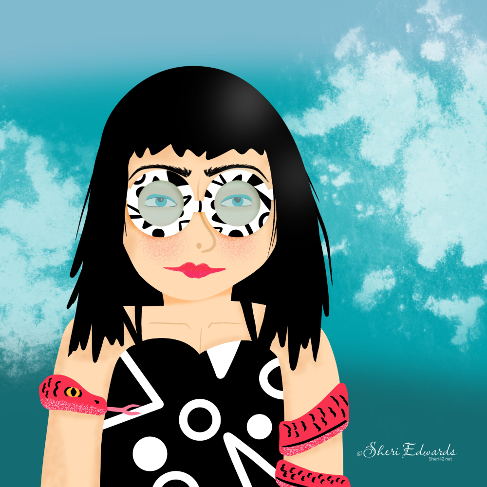 Prompt: Abstract [pattern on glasses and dress], long hair, reptile by Sheri42