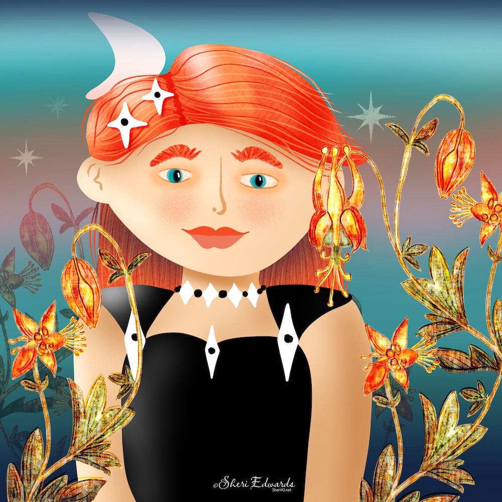 sunset background blur, added giant columbine, and let my red-haired girl sparkle in the twilight by Sheri42
