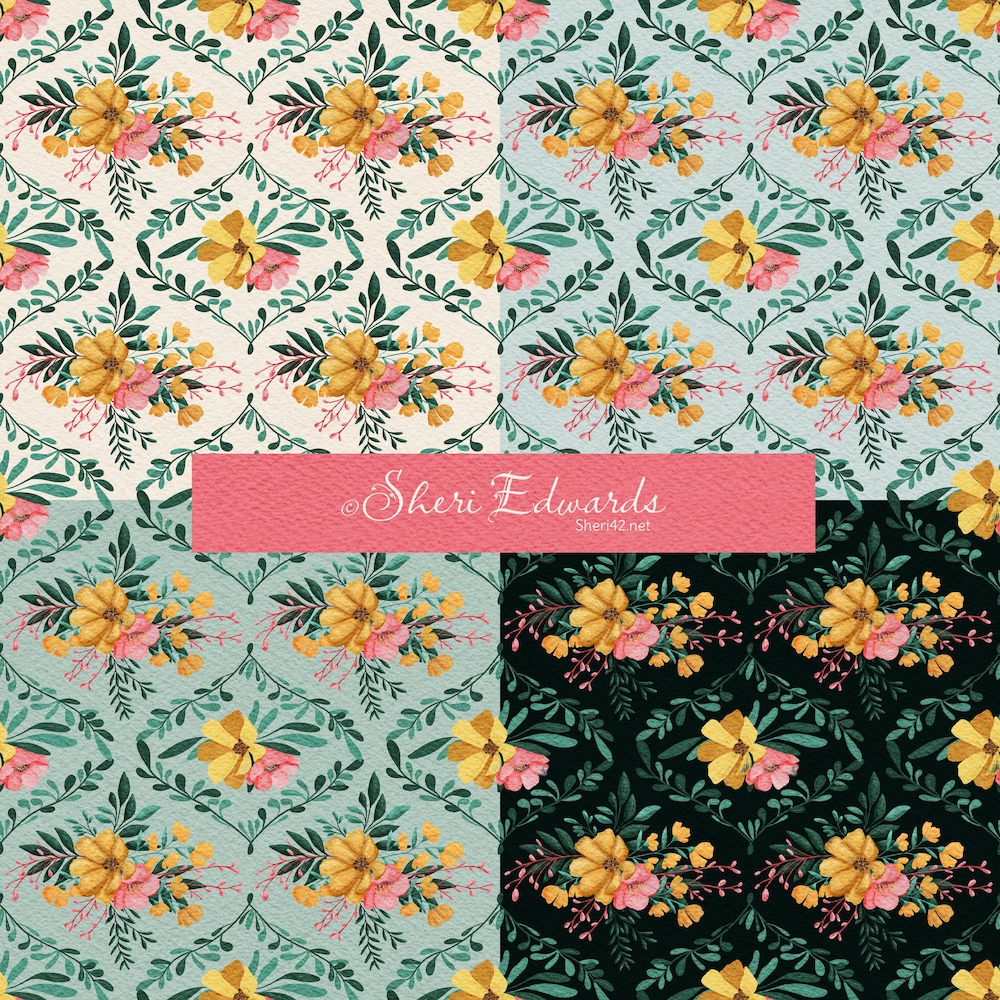 illustration floral bouquet with gouache in ogee pattern by Sheri42 --- four color backgrounds