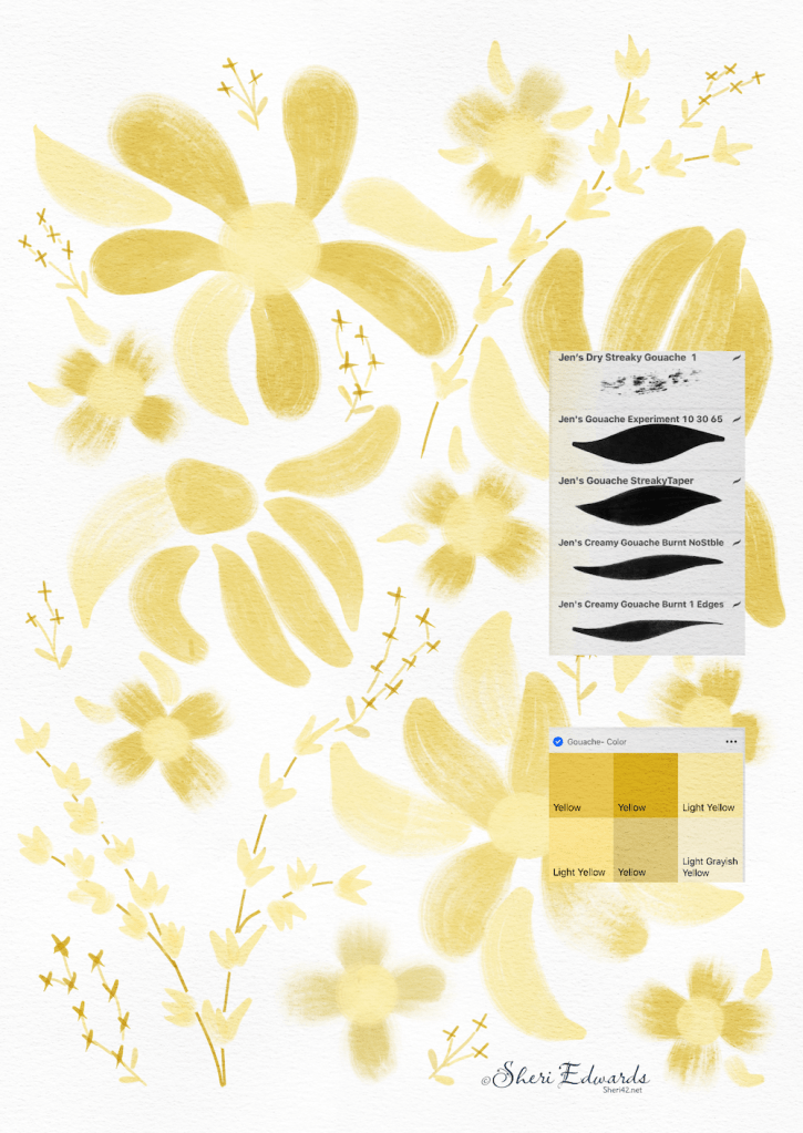 gouache monochrome yellow illustration by Sheri42 with brush and palette info