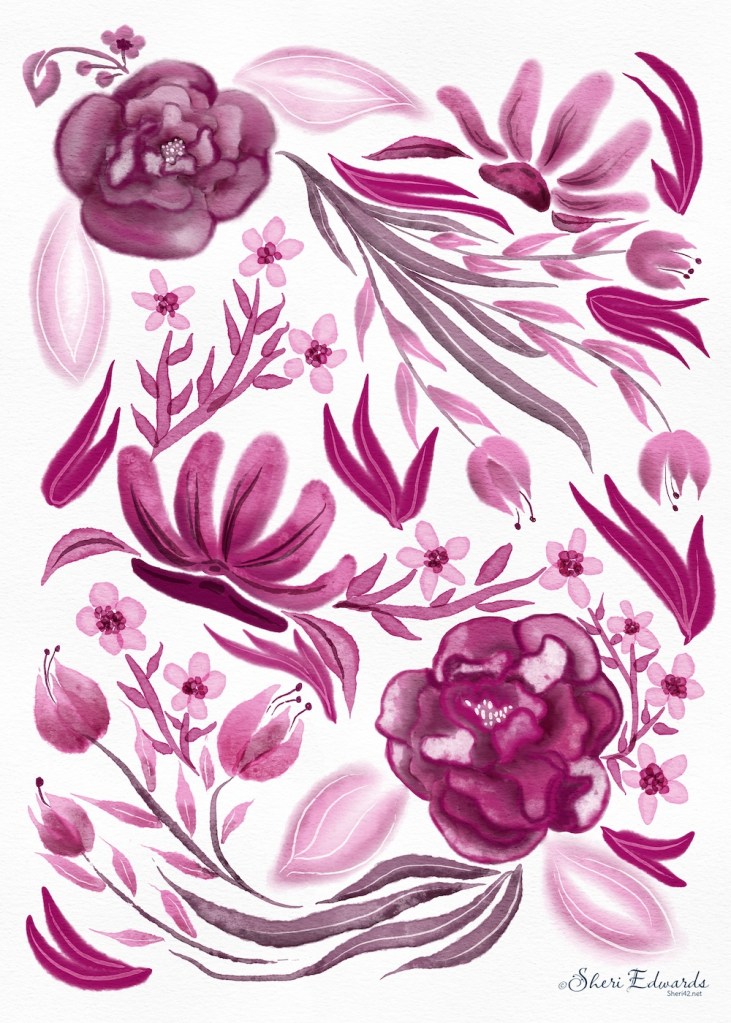 watercolor monochrome florals in magenta by sheri42