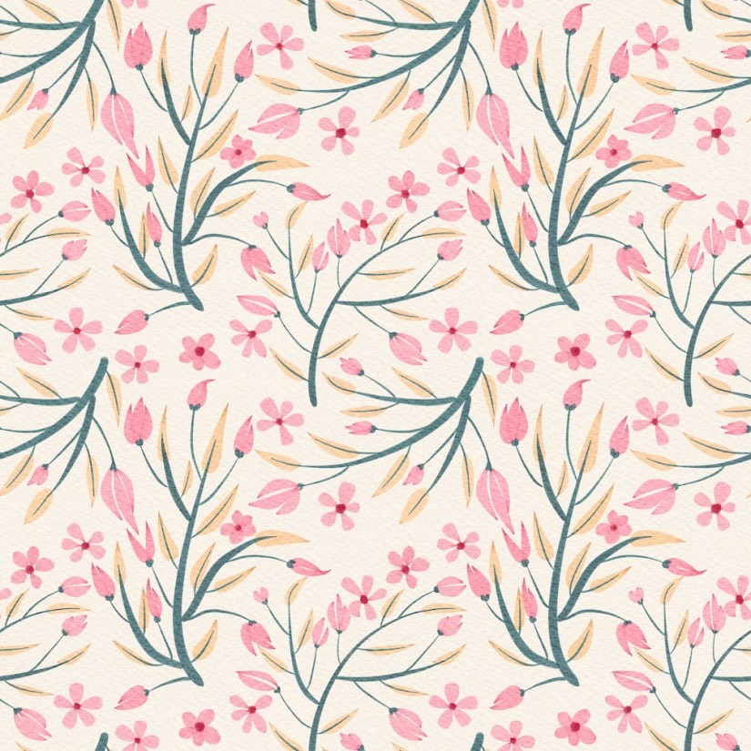 light peach leaves, teal stems, rose florals in scatter floral pattern by Sheri42