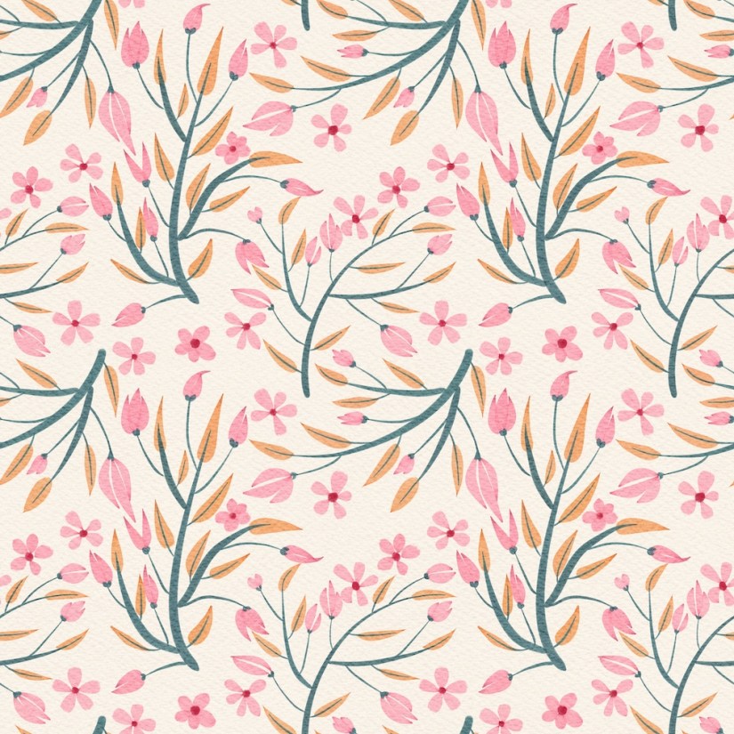 peach leaves, teal stems, rose florals in scatter floral pattern by Sheri42