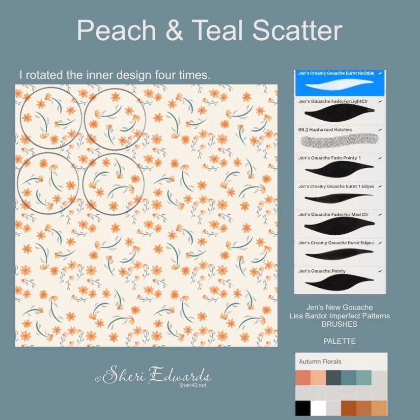 peach flowers and teal leaves scatter floral pattern by Sheri42 with info on brushes / palette and repeat inner pattern