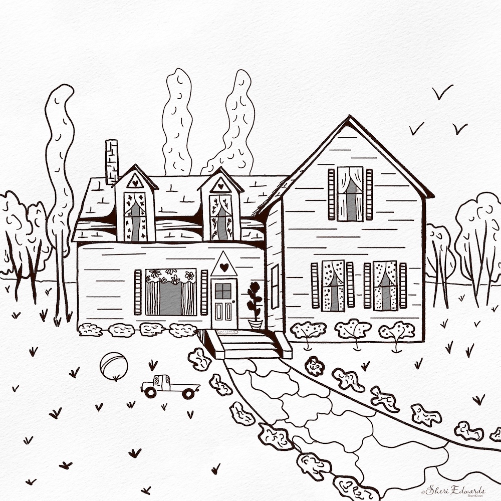 inked illustration of a family home based on a photo of an abandoned home; Sheri42